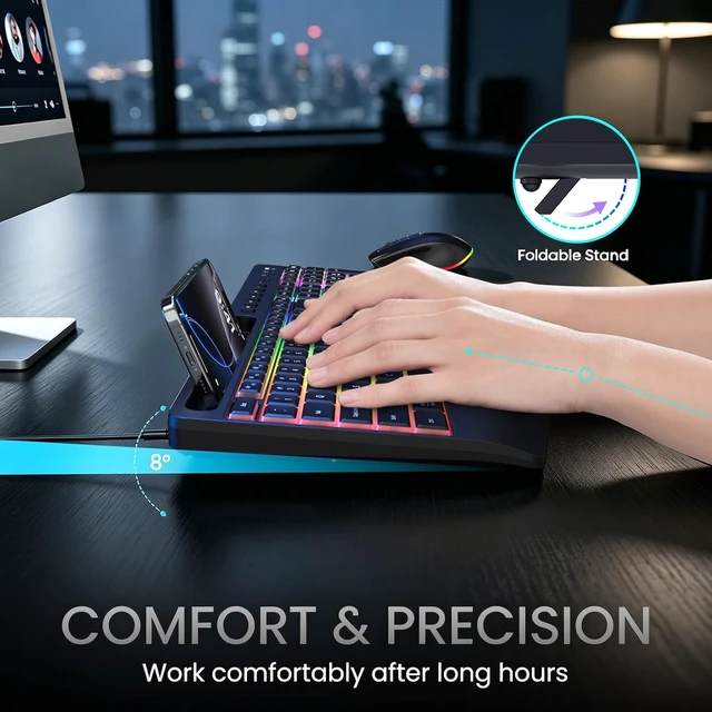 Alt view image 5 of 7 - Ergonomic Wireless Keyboard & Mouse Combo RGB Silent Set for Computer