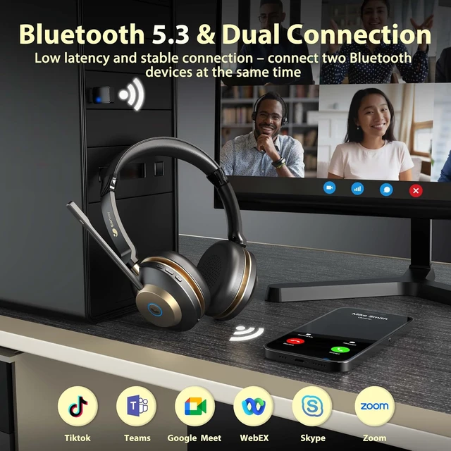 Alt view image 2 of 7 - Bluetooth 5.3 Wireless Headset with USB Dongle & Noise-Canceling Mic 50Hrs Playtime, Charge Dock, Mic Mute, for PC/Laptop/Phone/Teams/Zoom