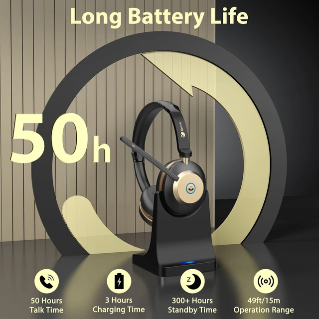Alt view image 7 of 7 - Bluetooth 5.3 Wireless Headset with USB Dongle & Noise-Canceling Mic 50Hrs Playtime, Charge Dock, Mic Mute, for PC/Laptop/Phone/Teams/Zoom