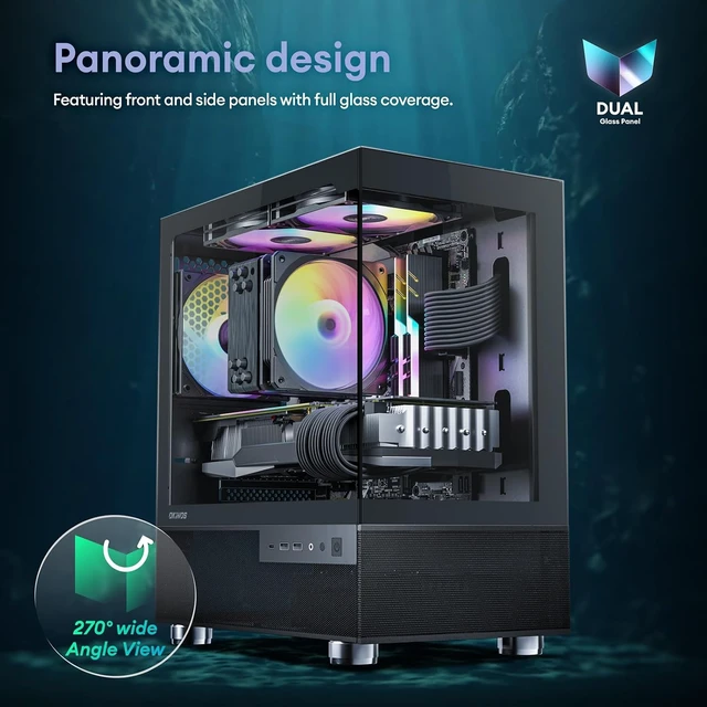 Alt view image 2 of 7 - Aqua 3 Micro ATX PC Case 3 x 120mm 3-Pin ARGB Fans Pre-Installed, Panoramic Tempered Glass Front & Side Panels, Type-C Port (Black)