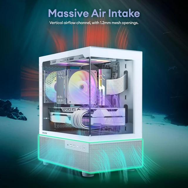 Alt view image 3 of 7 - Aqua 3 Micro ATX PC Case 3 x 120mm 3-Pin ARGB Fans Pre-Installed, Panoramic Tempered Glass Front & Side Panels, Type-C Port (Black)