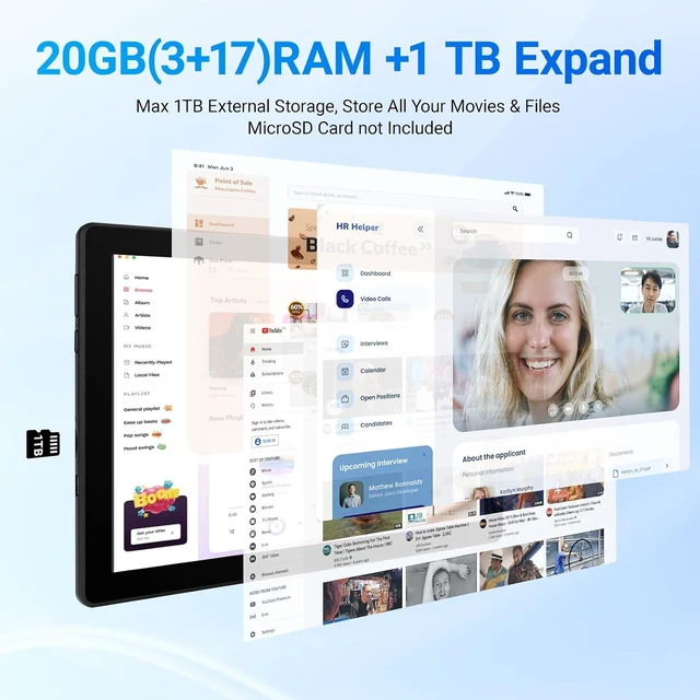 Alt view image 2 of 7 - 10.1" Android 16 Tablet 20GB RAM, 64GB ROM, 1TB Expand, 6000mAh Battery, Dual 5MP+8MP Cameras, 1280x800 IPS HD Touchscreen, Widevine L1, Wi-Fi 6 BT 5.4 GMS, Face Unlock