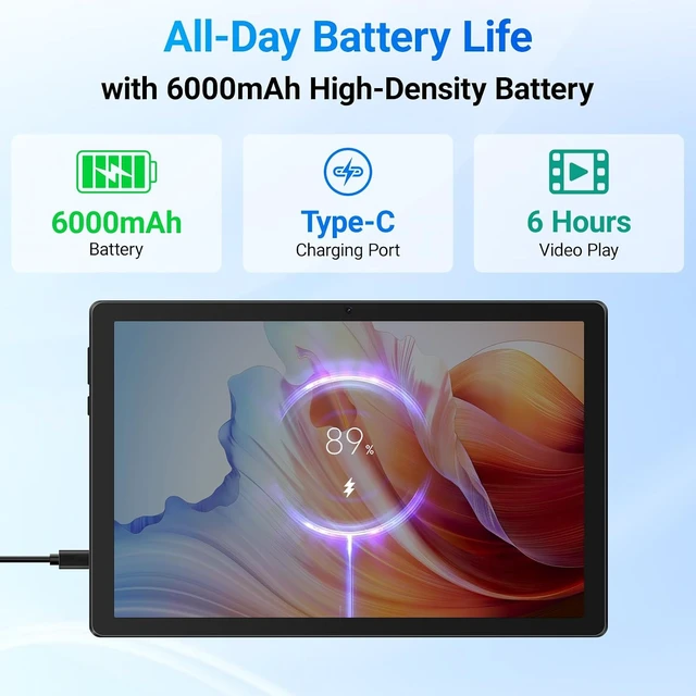 Alt view image 4 of 7 - 10.1" Android 16 Tablet 20GB RAM, 64GB ROM, 1TB Expand, 6000mAh Battery, Dual 5MP+8MP Cameras, 1280x800 IPS HD Touchscreen, Widevine L1, Wi-Fi 6 BT 5.4 GMS, Face Unlock