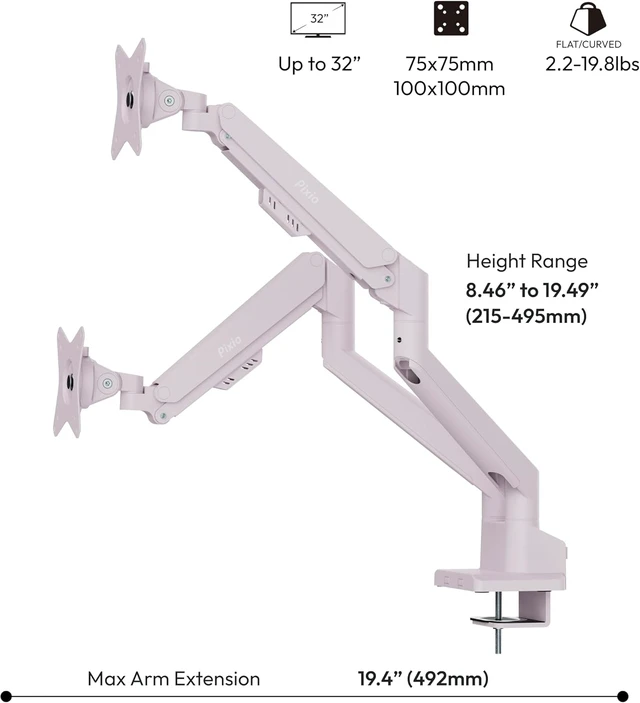 Alt view image 4 of 7 - PS1D Wave Pink Dual Monitor Arm Desk Mount Fits up to 32" Monitors & 19.8lbs, VESA Compatible, Integrated Cable Management