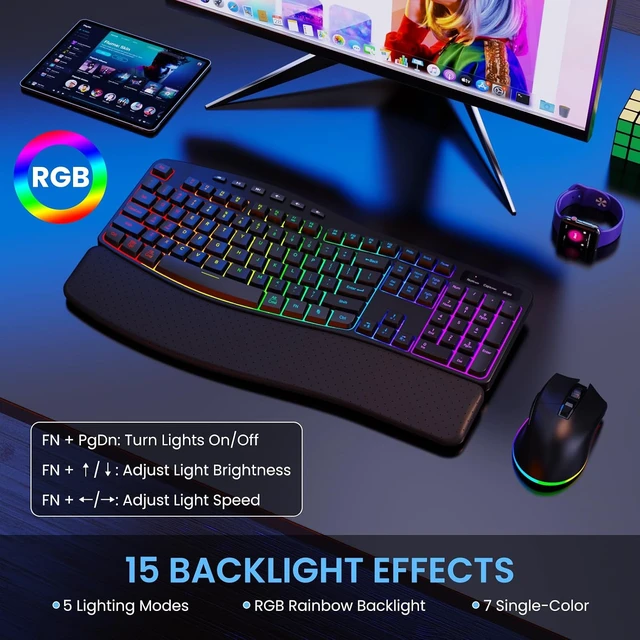 Alt view image 2 of 7 - RGB Wireless Keyboard & Mouse Combo Ergonomic Wave Design, Silent Rechargeable