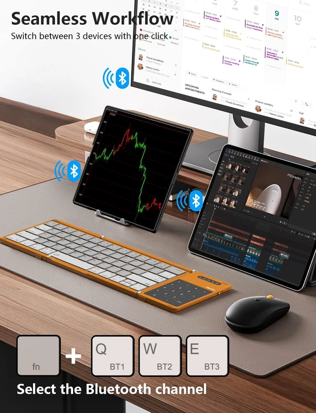 Alt view image 2 of 7 - Foldable Bluetooth Keyboard with Touchpad & Number Pad Full-Size Pocket-Sized Wireless Travel Keyboard for iPad, Smartphone, Tablet & Laptop (Orange)