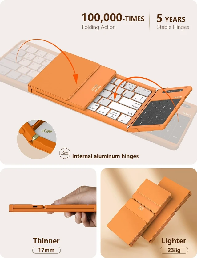 Alt view image 3 of 7 - Foldable Bluetooth Keyboard with Touchpad & Number Pad Full-Size Pocket-Sized Wireless Travel Keyboard for iPad, Smartphone, Tablet & Laptop (Orange)