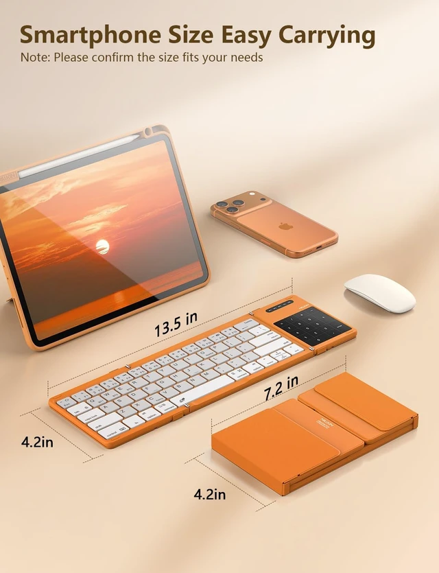 Alt view image 4 of 7 - Foldable Bluetooth Keyboard with Touchpad & Number Pad Full-Size Pocket-Sized Wireless Travel Keyboard for iPad, Smartphone, Tablet & Laptop (Orange)