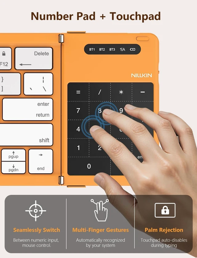 Alt view image 5 of 7 - Foldable Bluetooth Keyboard with Touchpad & Number Pad Full-Size Pocket-Sized Wireless Travel Keyboard for iPad, Smartphone, Tablet & Laptop (Orange)