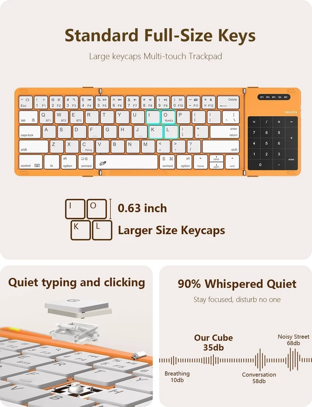 Alt view image 6 of 7 - Foldable Bluetooth Keyboard with Touchpad & Number Pad Full-Size Pocket-Sized Wireless Travel Keyboard for iPad, Smartphone, Tablet & Laptop (Orange)