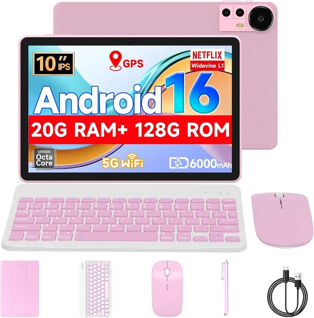 Main image of 10.1-Inch Android 16.0 Tablet 20GB RAM(4+16 Expand)+128GB ROM, 6000mAh Battery, 2+8MP Dual Camera, 1280*800 IPS HD Touchscreen, with Keyboard+Mouse+Case+Stylus (Pink)
