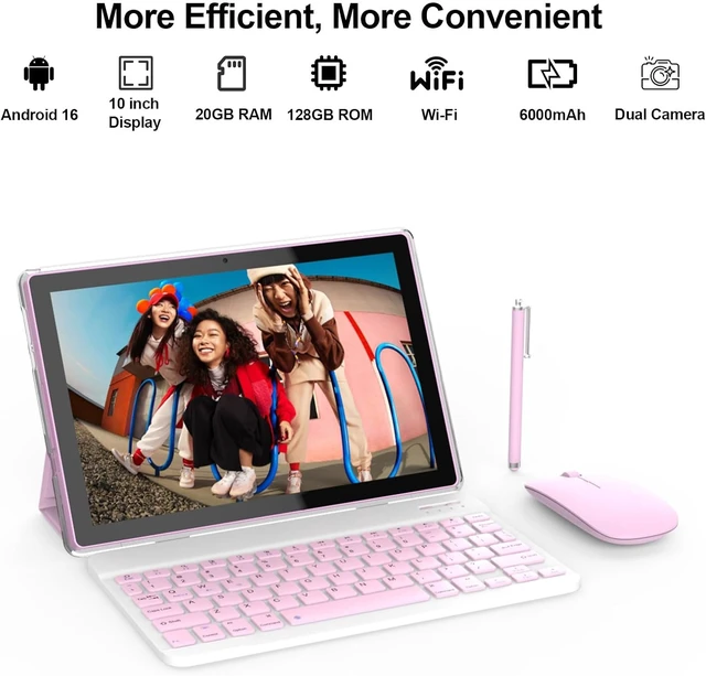 Alt view image 3 of 6 - 10.1-Inch Android 16.0 Tablet 20GB RAM(4+16 Expand)+128GB ROM, 6000mAh Battery, 2+8MP Dual Camera, 1280*800 IPS HD Touchscreen, with Keyboard+Mouse+Case+Stylus (Pink)