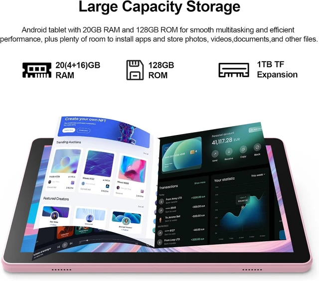 Alt view image 4 of 6 - 10.1-Inch Android 16.0 Tablet 20GB RAM(4+16 Expand)+128GB ROM, 6000mAh Battery, 2+8MP Dual Camera, 1280*800 IPS HD Touchscreen, with Keyboard+Mouse+Case+Stylus (Pink)