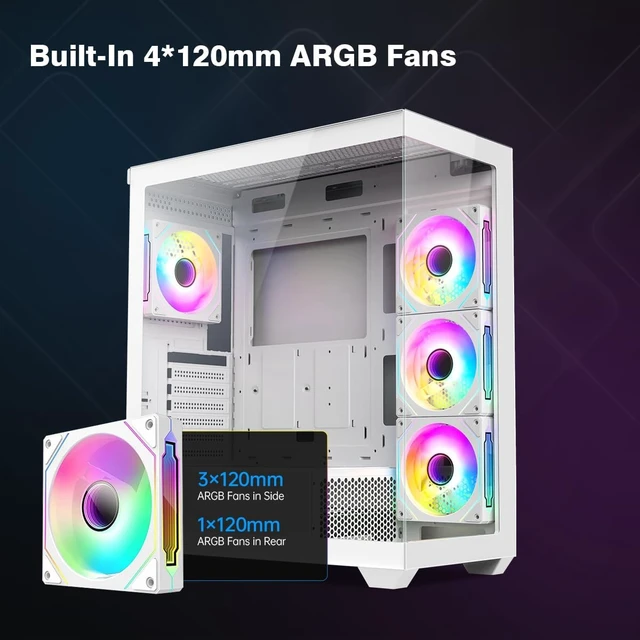 Alt view image 5 of 7 - OV603 ATX Mid-Tower PC Case Spacious High-Airflow Gaming Case with 4 x 120mm PWM ARGB Fans, USB 3.0 & Type-C, Tempered Glass (White)