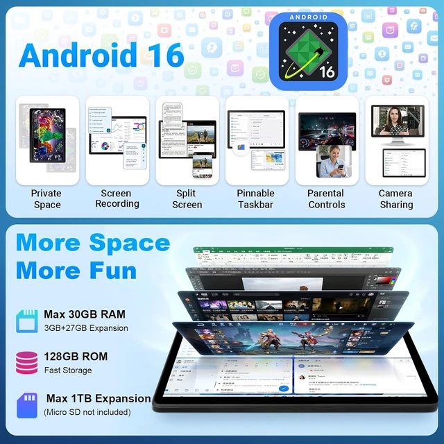 Alt view image 3 of 7 - 11-Inch 2-in-1 Android 16 Tablet with Keyboard, Mouse, Pen & Case 30GB RAM, 128GB + 1TB Expandable, 7800mAh Battery, HD Widevine L1 Screen, Dual Cameras, Face Unlock, WiFi 6 BT 5.4 Bundle