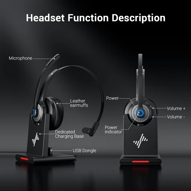 Alt view image 7 of 7 - Bluetooth 5.2 Wireless Headset with Mic for Work Advanced Noise-Reduction Microphone, Clear Calls, Comfortable On-Ear, for PC, Laptop, Phone, Android, Zoom, Office