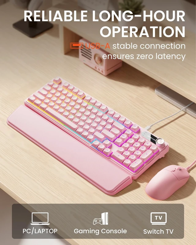 Alt view image 6 of 7 - Wired Keyboard & Mouse Combo with Detachable Wrist Rest (Pink)