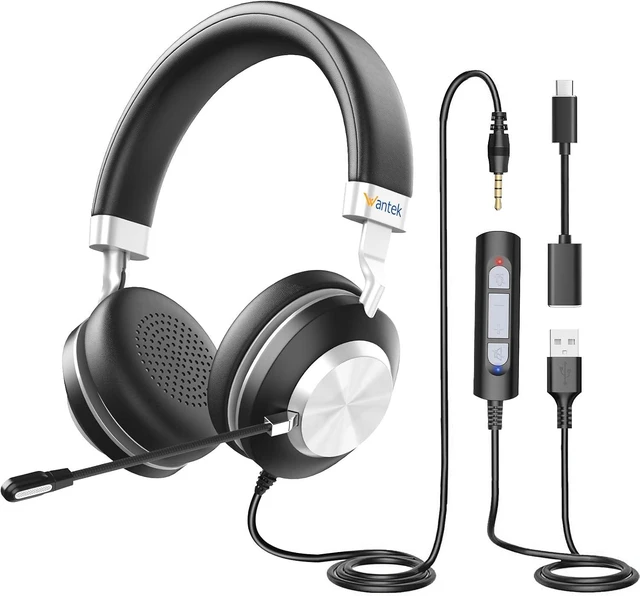 Main image of USB On-Ear Computer Headset with Microphone Noise-Cancelling Mic, Mute, Volume Control for Work, Teams, Zoom, Meetings, Home Office (USB+USB-C+3.5mm)