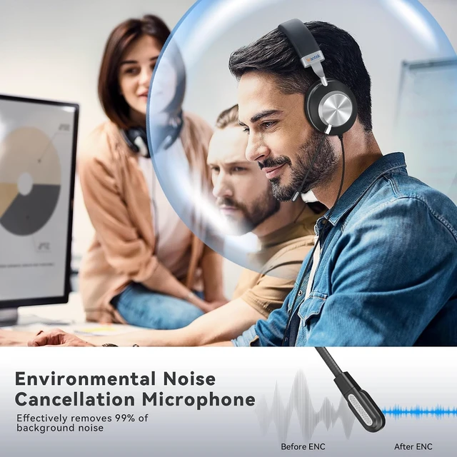 Alt view image 2 of 7 - USB On-Ear Computer Headset with Microphone Noise-Cancelling Mic, Mute, Volume Control for Work, Teams, Zoom, Meetings, Home Office (USB+USB-C+3.5mm)