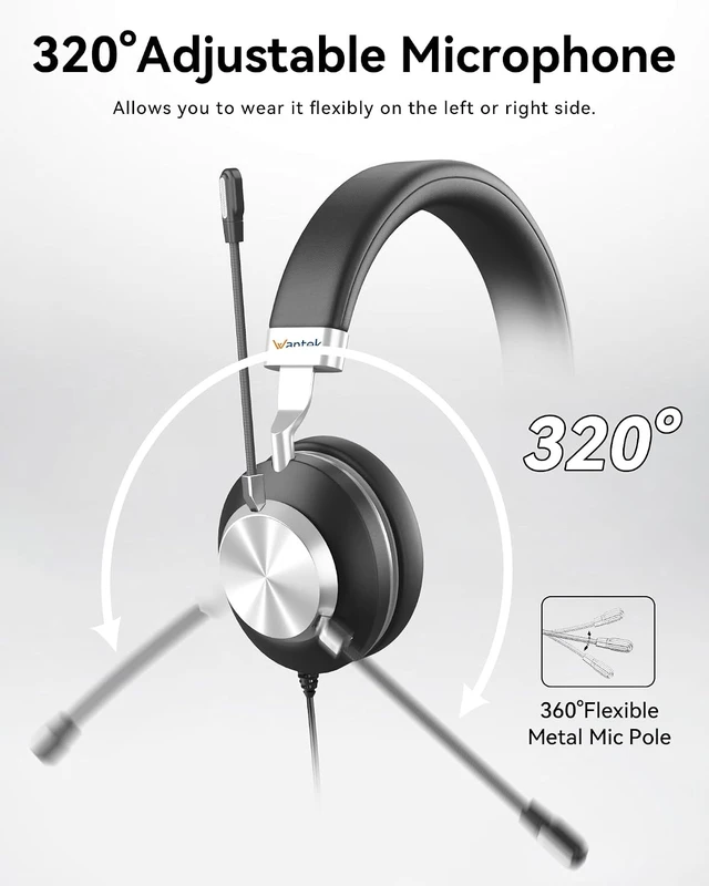 Alt view image 3 of 7 - USB On-Ear Computer Headset with Microphone Noise-Cancelling Mic, Mute, Volume Control for Work, Teams, Zoom, Meetings, Home Office (USB+USB-C+3.5mm)