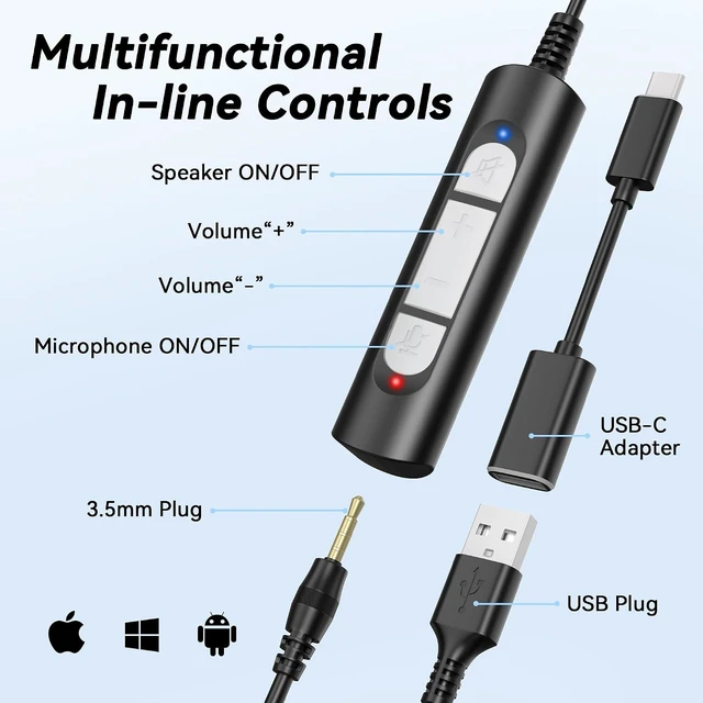 Alt view image 4 of 7 - USB On-Ear Computer Headset with Microphone Noise-Cancelling Mic, Mute, Volume Control for Work, Teams, Zoom, Meetings, Home Office (USB+USB-C+3.5mm)