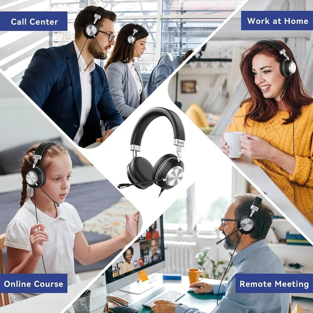Alt view image 7 of 7 - USB On-Ear Computer Headset with Microphone Noise-Cancelling Mic, Mute, Volume Control for Work, Teams, Zoom, Meetings, Home Office (USB+USB-C+3.5mm)