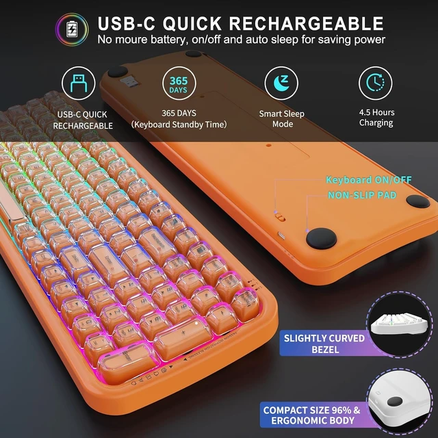 Alt view image 5 of 6 - Wireless RGB Backlit Computer Keyboard Tri-Mode Bluetooth 5.0/USB-C/2.4GHz, Full-Size Rechargeable Transparent Keycaps, for Laptop/Windows/PC (Orange)