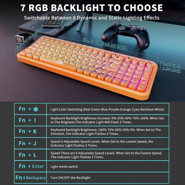 Alt view image 6 of 6 - Wireless RGB Backlit Computer Keyboard Tri-Mode Bluetooth 5.0/USB-C/2.4GHz, Full-Size Rechargeable Transparent Keycaps, for Laptop/Windows/PC (Orange)