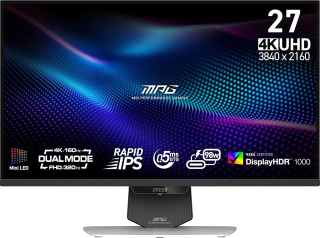Main image of MPG 274URDFW E16M 27-Inch 3840 x 2160 (UHD) Gaming Monitor 320Hz, 0.5ms, FreeSync Premium Pro, G-SYNC Compatible, HDR Ready, HDMI, VGA, VESA, Tilt (White)