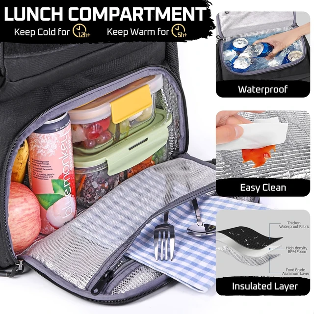 Alt view image 3 of 7 - Tactical Laptop Lunch Backpack for Men Anti-Theft Utility Work Bag with Cooler Compartment Lunchbox (Black, 18 Inch)