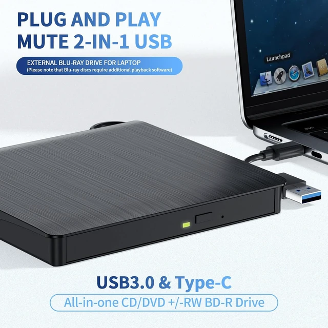 Alt view image 3 of 7 - External Blu-ray Drive Portable Blu-ray Player & CD DVD Burner, USB 3.0 & Type-C BD/DVD/CD Reader, Plug and Play for Windows/Mac/Linux (2 in 1)