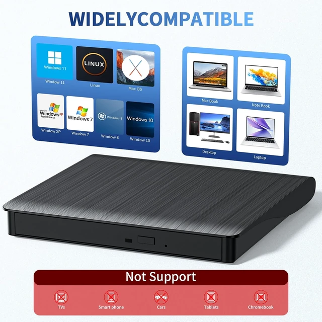 Alt view image 4 of 7 - External Blu-ray Drive Portable Blu-ray Player & CD DVD Burner, USB 3.0 & Type-C BD/DVD/CD Reader, Plug and Play for Windows/Mac/Linux (2 in 1)