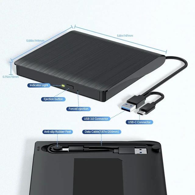 Alt view image 6 of 7 - External Blu-ray Drive Portable Blu-ray Player & CD DVD Burner, USB 3.0 & Type-C BD/DVD/CD Reader, Plug and Play for Windows/Mac/Linux (2 in 1)