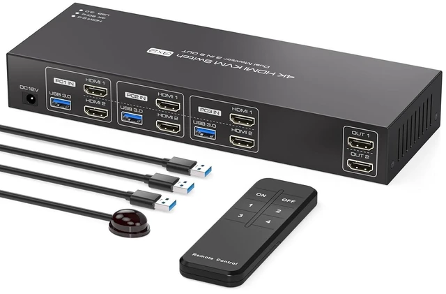 Main image of HDMI KVM Switch for 3 Computers & 2 Monitors 4K@60Hz EDID, 3 PCs Share Dual Monitors & 4 USB 3.0 Ports, with Controller