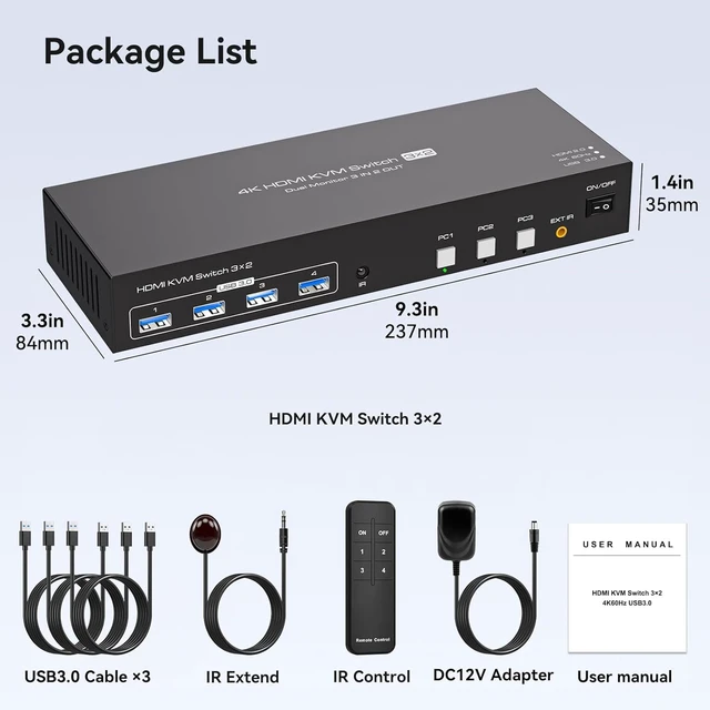 Alt view image 7 of 7 - HDMI KVM Switch for 3 Computers & 2 Monitors 4K@60Hz EDID, 3 PCs Share Dual Monitors & 4 USB 3.0 Ports, with Controller