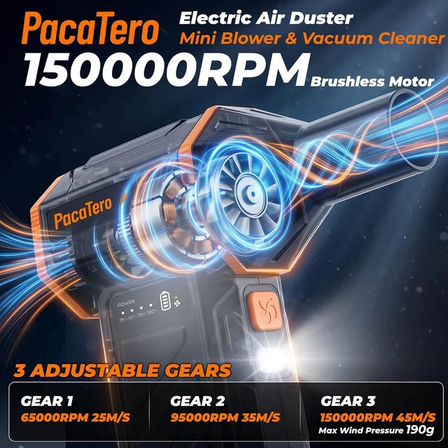Alt view image 2 of 7 - 150000RPM Cordless Electric Air Duster with Vacuum 10000mAh, for PC & Keyboard