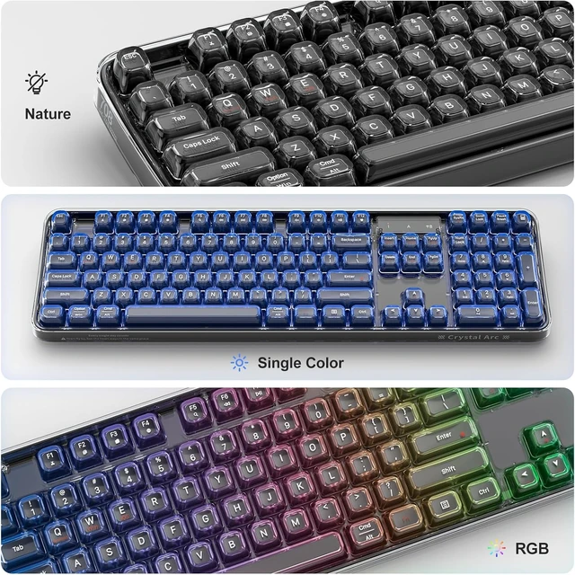 Alt view image 3 of 7 - Black Crystal Backlit Computer Keyboard Full-Size Bluetooth Wireless Rechargeable Transparent Keycaps, for Windows, Laptop, PC, Desktop