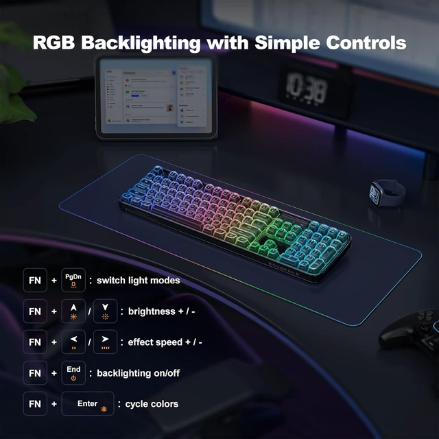 Alt view image 6 of 7 - Black Crystal Backlit Computer Keyboard Full-Size Bluetooth Wireless Rechargeable Transparent Keycaps, for Windows, Laptop, PC, Desktop
