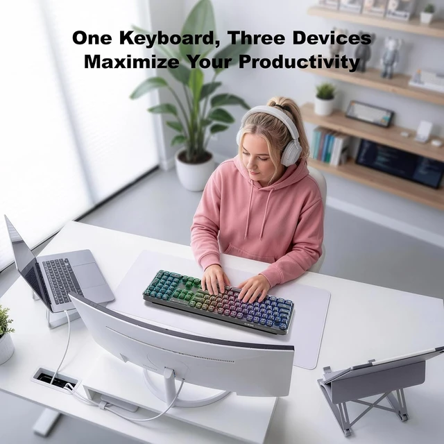 Alt view image 7 of 7 - Black Crystal Backlit Computer Keyboard Full-Size Bluetooth Wireless Rechargeable Transparent Keycaps, for Windows, Laptop, PC, Desktop