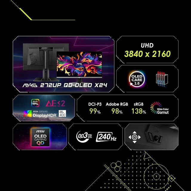 Alt view image 3 of 7 - MAG 272UP QD-OLED X24 27-Inch 4K UHD Gaming Monitor 3840 x 2160 Quantum Dot OLED, 240Hz, 0.03ms, DisplayHDR True Black 400, FreeSync Premium Pro, USB-C (15W PD), Frameless (Black)