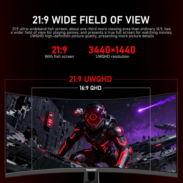 Alt view image 2 of 7 - 34-Inch Ultrawide Curved 180Hz Gaming Monitor UWQHD PC Screen