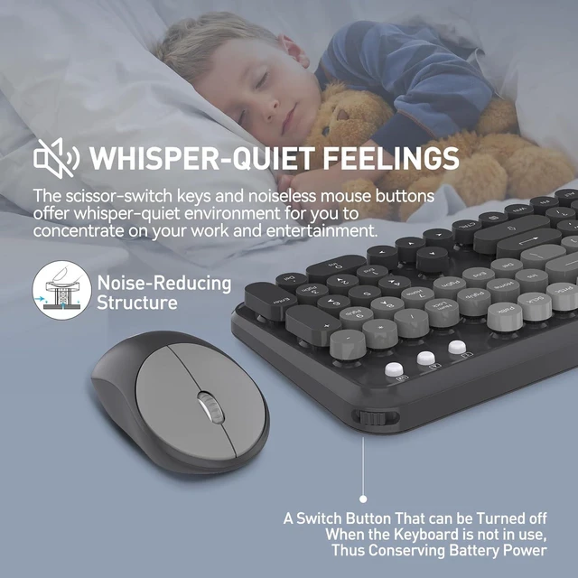 Alt view image 7 of 7 - Retro Typewriter Wireless Keyboard & Mouse Combo Bubble Keys (Black Grey)