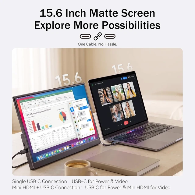 Alt view image 4 of 7 - 15.6-Inch 1080P FHD Portable Monitor USB-C/HDMI Ultra-Slim Travel Screen with Kickstand & Speakers, IPS Display Extender for Laptop, PC, Mac, Phone, PS, Xbox, Switch