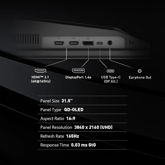 Alt view image 4 of 7 - MAG 321UP QD-OLED 32-Inch 3840 x 2160 (UHD) Computer Monitor 165Hz, 0.03ms, FreeSync Premium Pro, HDMI 2.1, DisplayPort 1.4a, VESA, Height Adjustable (Black)