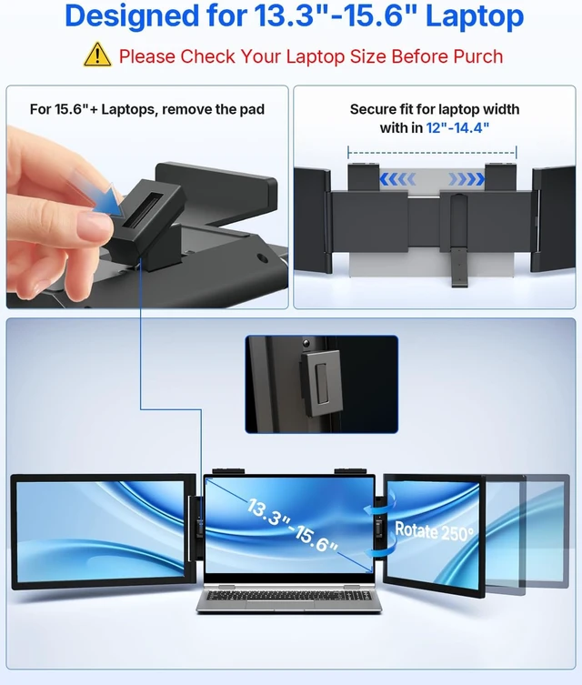 Alt view image 4 of 7 - 14" Laptop Screen Extender FHD 1080P Triple-Screen Monitor Extender