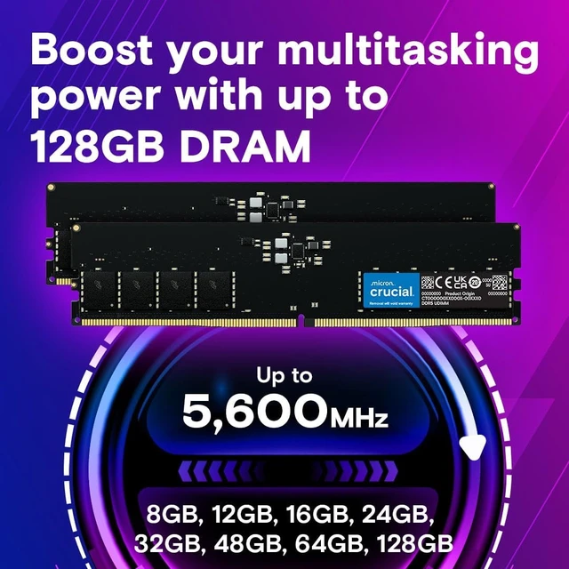Alt view image 3 of 6 - 16GB DDR5 Desktop Memory 5600MHz (or 5200/4800MHz), UDIMM 288-Pin, Compatible with Core & Ryzen (CT16G56C46U5)