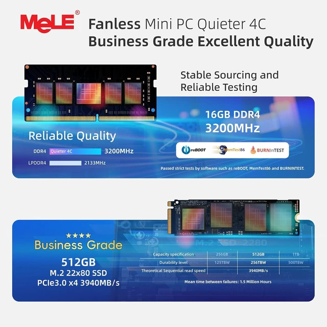 Alt view image 4 of 7 - Business-Grade Quieter 4C Fanless Mini PC N150 (up to 3.6GHz), 16G RAM, 512G Storage