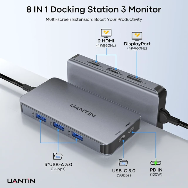 Alt view image 2 of 7 - 8-in-1 USB-C Laptop Docking Station 3 Monitors, 2 HDMI, DP