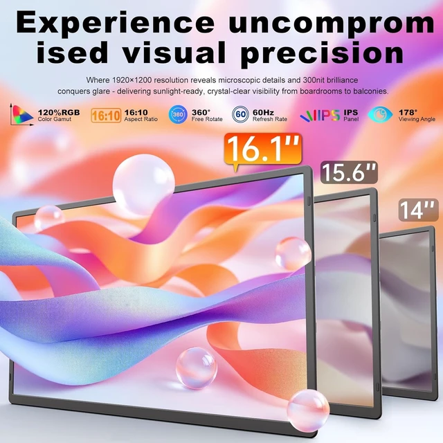 Alt view image 2 of 7 - 16.1" Laptop Screen Extender 360° Rotating Detachable Stand/VESA, FHD 1200P IPS Portable Monitor, HDMI/USB-A/Type-C Plug & Play, Win/Mac/Android