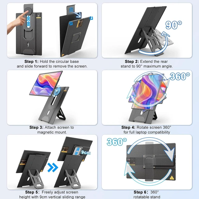 Alt view image 3 of 7 - 16.1" Laptop Screen Extender 360° Rotating Detachable Stand/VESA, FHD 1200P IPS Portable Monitor, HDMI/USB-A/Type-C Plug & Play, Win/Mac/Android